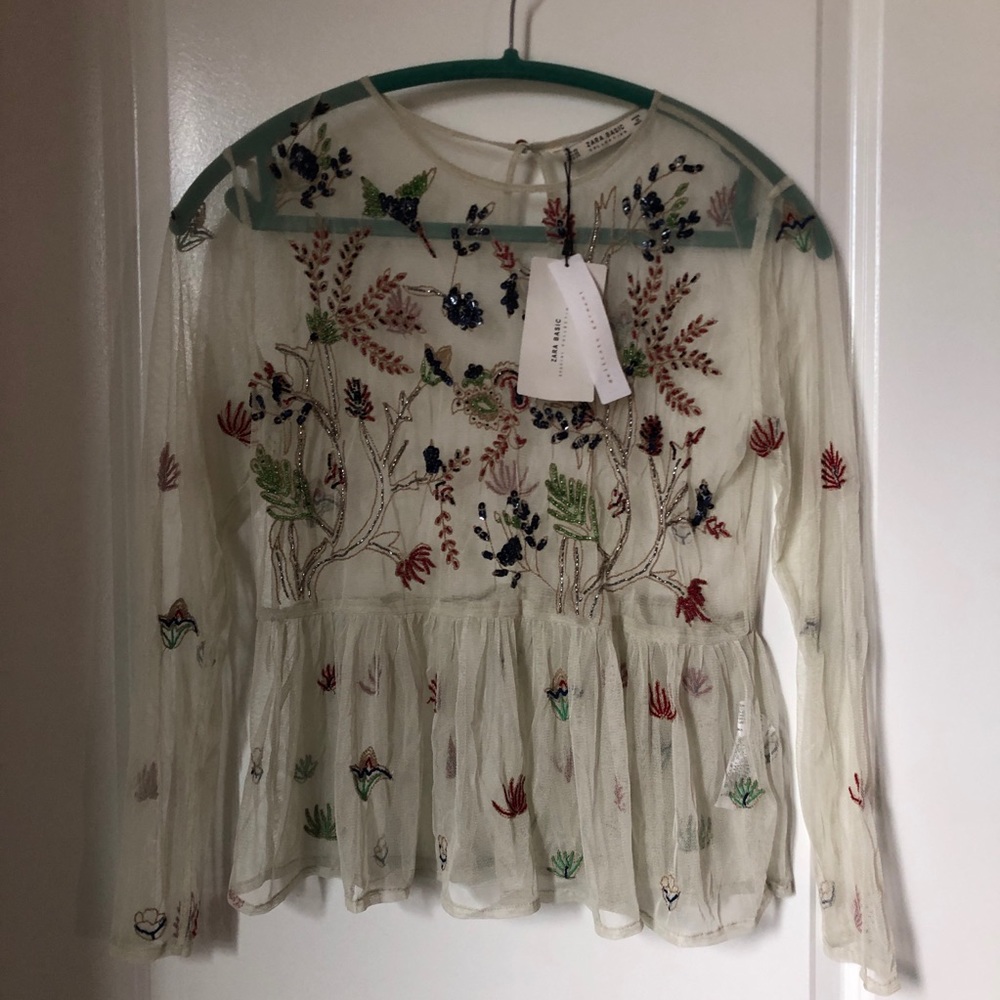 XS Zara Beige Beaded and Embroidered Mesh Top